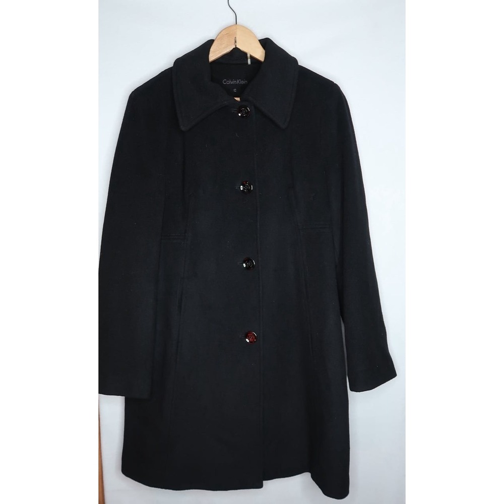 Calvin Klein Womens 12 Black Wool Silk Blend Coat Long Single Breasted Classic